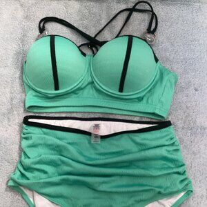 Ladies Bikini Swimsuit Size L Wintergreen Black High Waist Crisscross Straps